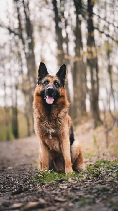 Adult German Shepherd sitting on a forest path in autumn