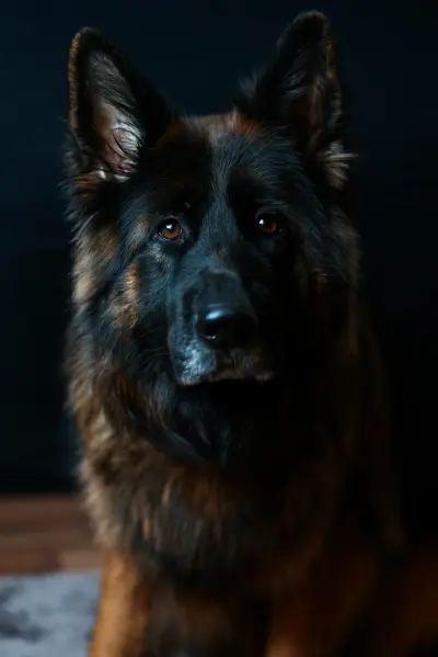 Close-up portrait of a German Shepherd with dark background